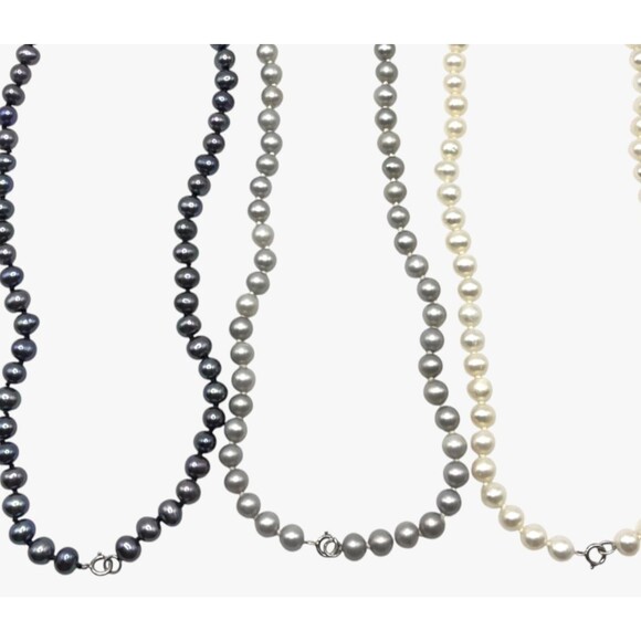 Freshwater Pearl Necklaces Lot Knotted Strands Gray Cream Peacock Sterling Clasp - Picture 7 of 9